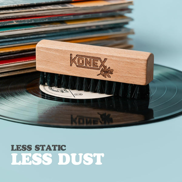 KONEX Anti Static Record Brush for Vinyl Records, Carbon Fiber Record Cleaning Brush with Beech Wood Handle, Vinyl Record Brush Dust Remover, LP Record Cleaner, Turntable Accessories