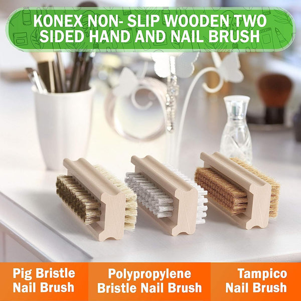 Konex Non-Slip Wooden Two-Sided Hand and Nail Brush, 2 Pack – Stiff Bristle Fingernail Brush for Cleaning Under Nails